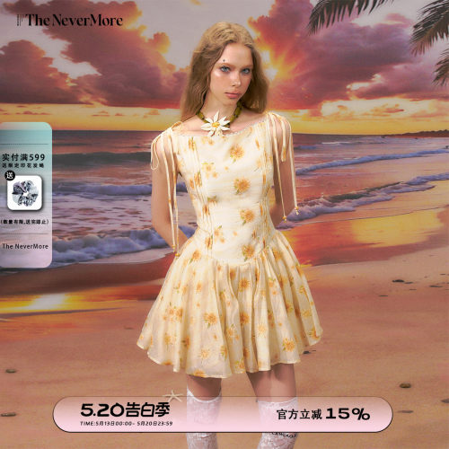TheNeverMore「落日熔金」黄色一字领碎花A字短裙收腰甜美连衣裙