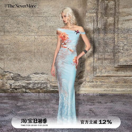 TheNeverMore一字肩印花收腰吊带连衣裙夏季海岛度假显瘦鱼尾长裙