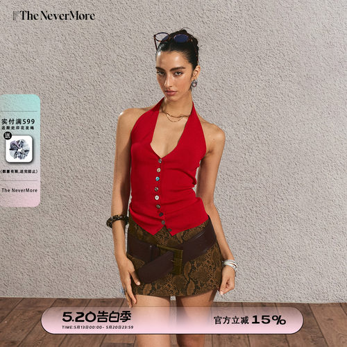 红色挂脖吊带女辣妹显瘦V领露背