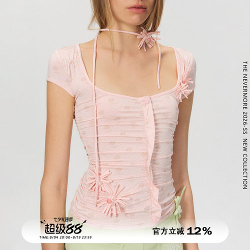 复古纯手工订花短袖T恤女