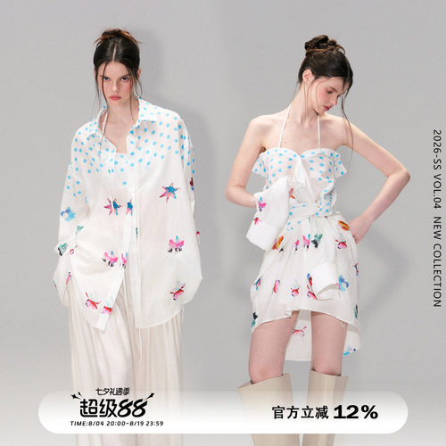 复古撞色印花白衬衫女宽松