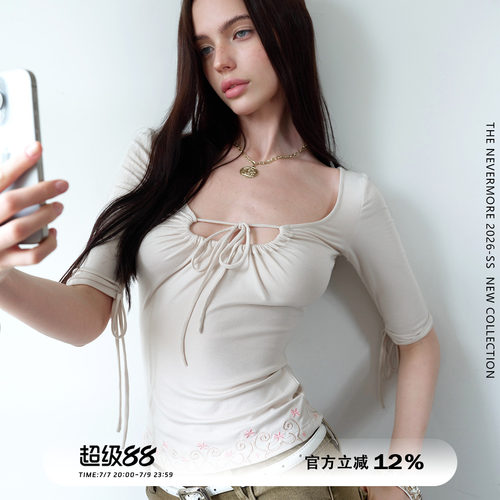 复古显瘦大方领五分袖T恤女