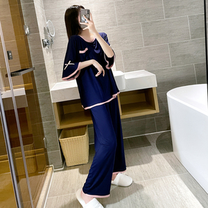 简约莫代尔睡衣女夏短袖圆领宽松加大码胖MM200斤薄款家居服套装