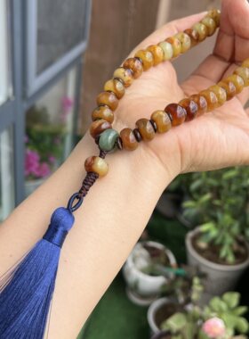 花玉手持34粒多色佛珠手玩件玉石手饰流苏款平安扣手串把玩件男女