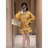 设计感穿搭毛衣开衫 小众韩系黄色针织套装 女2025新款 半身裙两件套