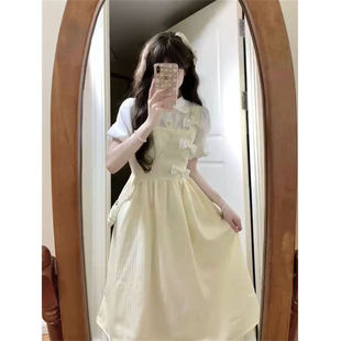 奶黄色修身 学院风百搭甜美蝴蝶结假两件超仙女学生初夏季 显瘦长裙