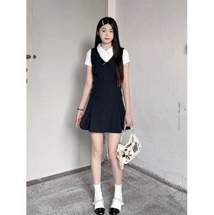 白色衬衫 百搭穿搭一整套甜美小个子黑色背心学院风连衣裙 女学生