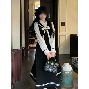 高级感甜美时尚收腰显瘦假两件连衣裙女秋冬蝴蝶结中长款A字长裙