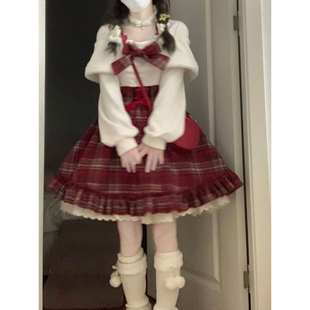 2025甜妹超温柔蝴蝶结红色格纹连衣裙女假两件新年跨年收腰a字裙