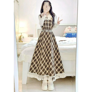 休闲复古格纹拼接时尚气质假两件连衣裙女初春新款收腰显瘦长裙子