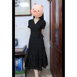 法式 夏季 甜美温柔风黑色v领波点连衣裙女学生绑带收腰过膝长裙子