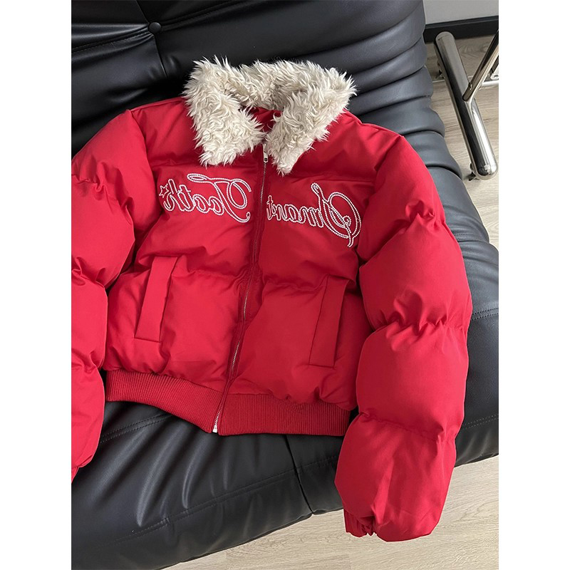 遮肉显瘦字母羊羔毛领羽绒棉服外套女冬季设计感休闲加厚保暖棉袄