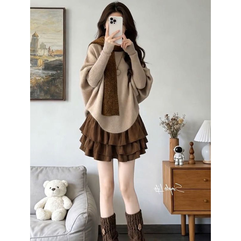 小众氛围感斗篷针织毛衣女春秋咖色半身短裙搭配百搭围巾三件套装,女装/女士精品,时尚套装,淘宝优惠券,粉丝福利购,淘宝优惠卷