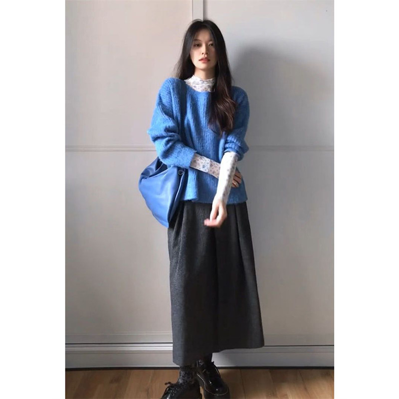 小众慵懒风一整套穿搭蓝色百搭针织套头毛衣女叠穿高领碎花打底衫,女装/女士精品,时尚套装,淘宝优惠券,粉丝福利购,淘宝优惠卷