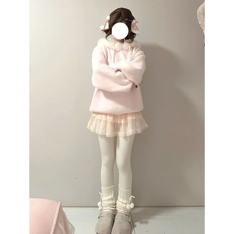 可爱甜美可爱风毛茸茸小兔子提花毛衣女日系宽松慵懒针织衫上衣