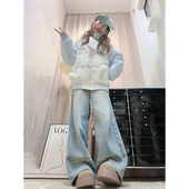 小众学院风蓝色小猫贴布连帽羽绒棉服女新款 宽松百搭星星印花棉衣