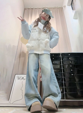 小众学院风蓝色小猫贴布连帽羽绒棉服女新款宽松百搭星星印花棉衣