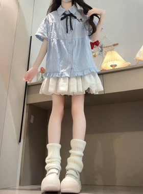 休闲少女学院风蓬蓬高腰半身裙夏季女学生蓝色短袖衬衫两件套装