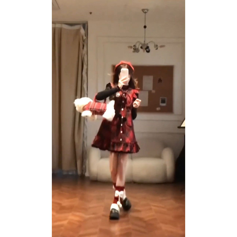 小众复古红色甜美格纹小飞袖背心连衣裙叠穿长袖打底上衣两件套装,女装/女士精品,时尚套装,淘宝优惠券,粉丝福利购,淘宝优惠卷