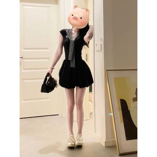 披肩短裙子 甜美少女感假两件连衣裙女收腰拼接针织配条纹坎肩短袖