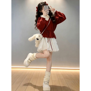 清纯靓丽活力红色假两件翻领系带针织毛衣女白色半身短裙两件套装