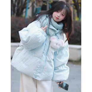 高级感蓝白色格纹连帽外套棉服女冬季新款学生百搭宽松保暖面包服