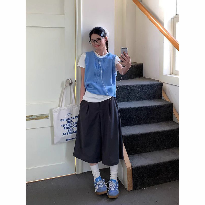 小众蓝色麻花针织马甲后背设计感背心女2026新款叠穿打底上衣套装