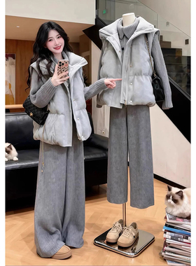 校园风灰色棉马甲毛衣阔腿裤三件套女冬装搭配一整套保暖气质套装