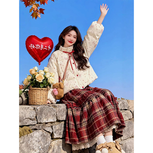 小众搭配一整套大码 女 胖mm棉服外套格子半身裙圣诞新年高级感套装
