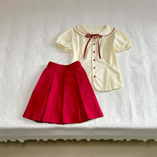 时尚学院风蝴蝶结杏色娃娃领上衣女学生+百褶红色半身裙套装