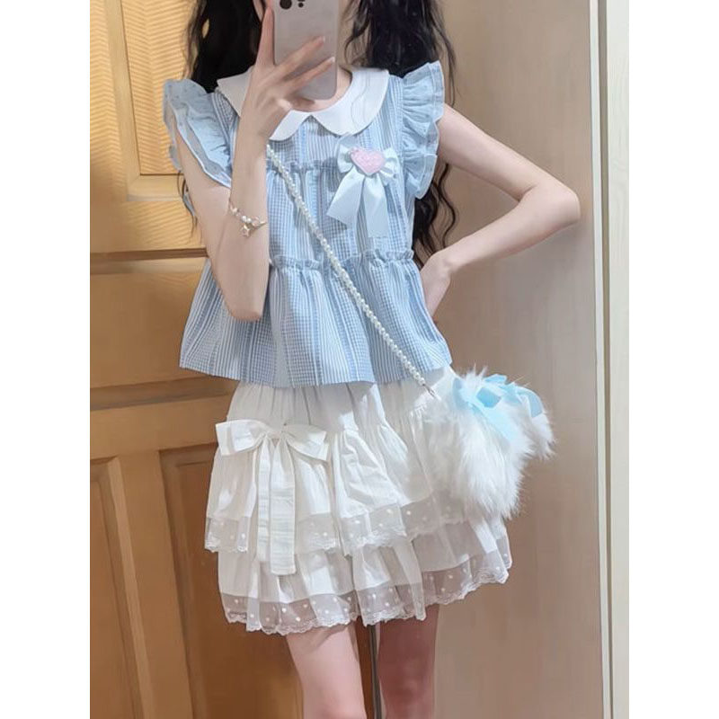 夏季日系甜美少女穿搭蝴蝶结娃娃领飞飞袖格纹衬衫蛋糕半身短裙女