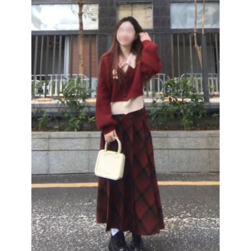 红色POLO领长袖针织毛衣开衫2026新年气质高腰格纹高腰半身中长裙,女装/女士精品,时尚套装,淘宝优惠券,粉丝福利购,淘宝优惠卷
