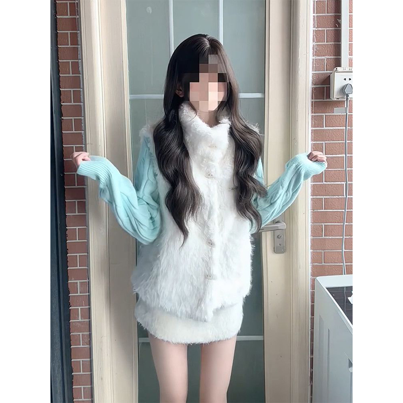 绿色麻花针织开衫+背心马甲外套