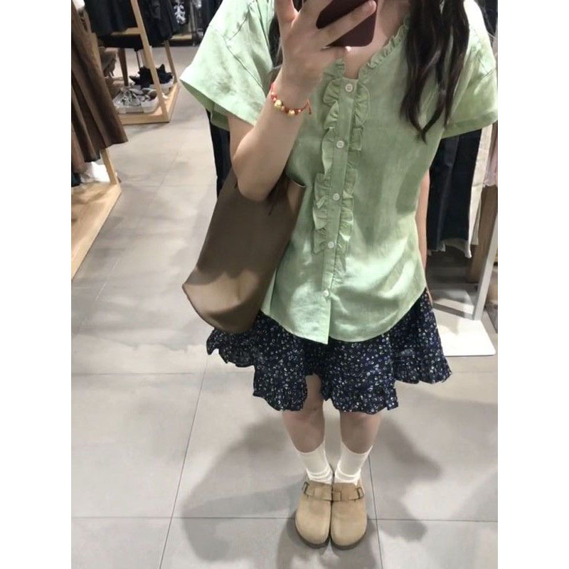木耳边短袖衬衫半身短裙两件套装