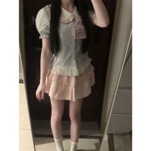 小个子碎花蛋糕短裙套装 休闲甜美风短袖 新款 娃娃领衬衫 女学生夏季