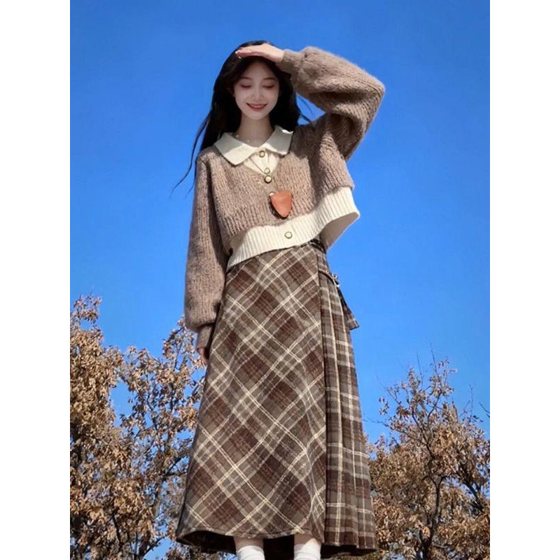 2026学院风甜美假两件polo领针织开衫上衣女学生格纹半身裙两件套,女装/女士精品,时尚套装,淘宝优惠券,粉丝福利购,淘宝优惠卷