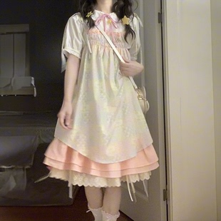 甜美风清纯糖果色印花褶皱连衣裙女初夏清凉拼接A字公主短裙