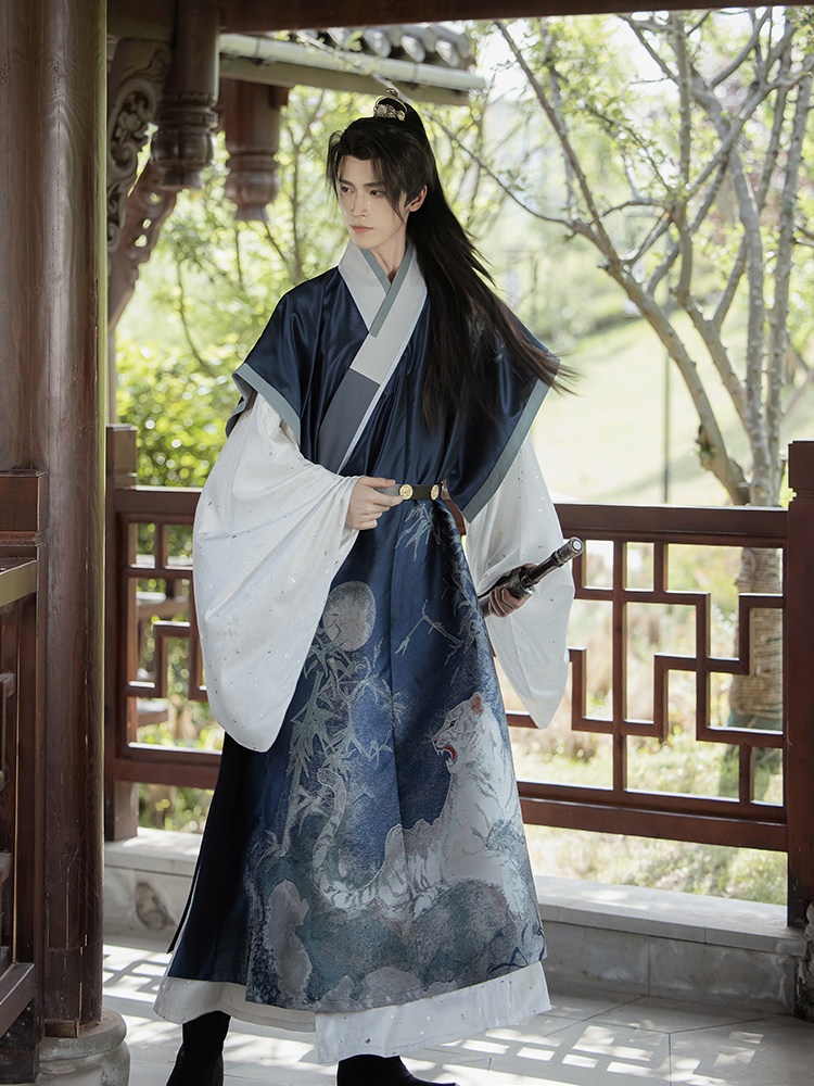도교를 보호하기 위해 황제가 만든 LUO YI YUEYINSHAN JUNMING 짠 금 원래 가을과 겨울 HANFU 남성과 여성 잘 생긴 기사 중국 스타일