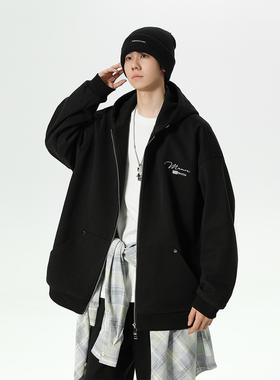 MANRE SHOW开衫卫衣男2024新款字母刺绣外套潮牌宽松休闲运动套装