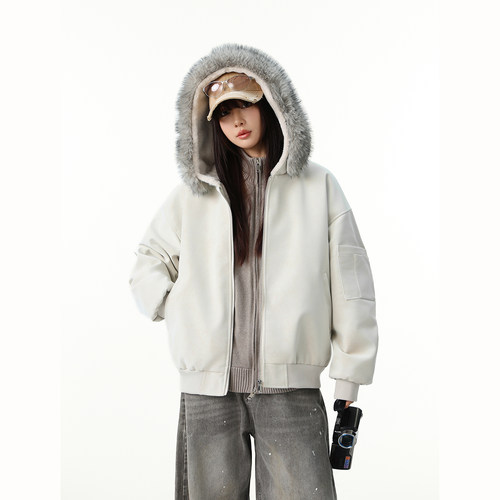 MANRESHOW 连帽一体加绒外套可拆卸毛领