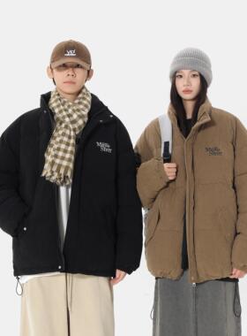 冬季男生复古刺绣灯芯绒立领棉服外套青少年学生宽松棉衣