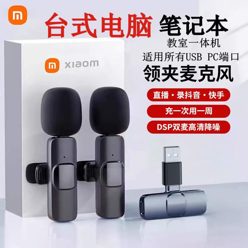 电脑USB无线麦克风领夹式收音麦器录音直播一拖二通用扩音话筒