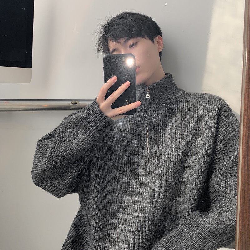 가을과 겨울 남성용 트렌디 브랜드 하프 지퍼 터틀넥 솔리드 컬러 스웨터 루즈한 일본식 커플을 위한 게으른 스타일 다용도 스웨터