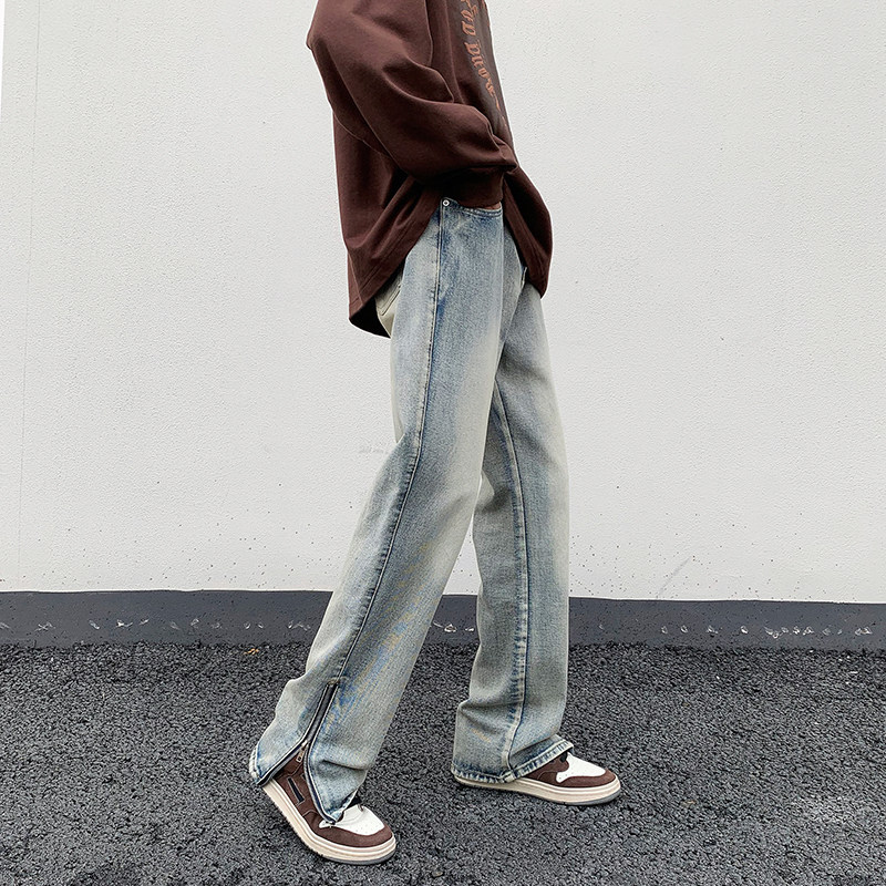美式潮流牛仔裤男生vibe高街阔腿裤子潮牌港风宽松直筒拉链拖地裤