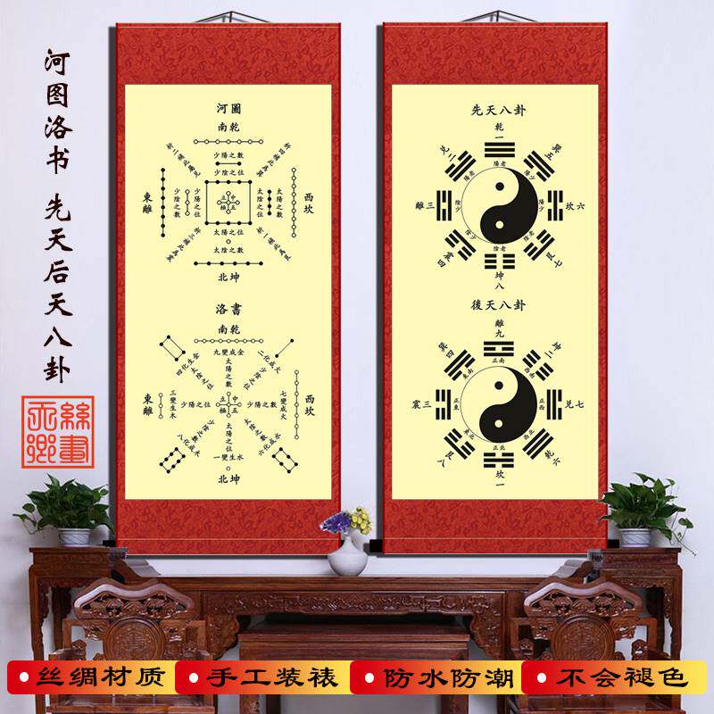 河图洛书先天后天周易八卦太极图挂画风水玄关装饰画竖轴字画包邮
