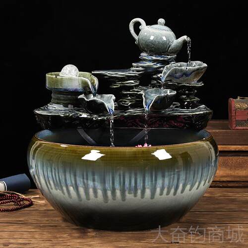 正品景德镇陶瓷厅鱼缸大养盆乌龟缸家用流水喷泉客金鱼号缸造景鱼