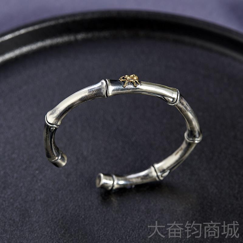 正品知999纯银手古常镯男中国风复做旧实心足乐平安竹情侣开口银