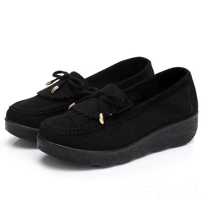 正品春秋新款厚老北京布鞋女鞋松糕底豆豆鞋单坡中跟妈妈鞋跟女工