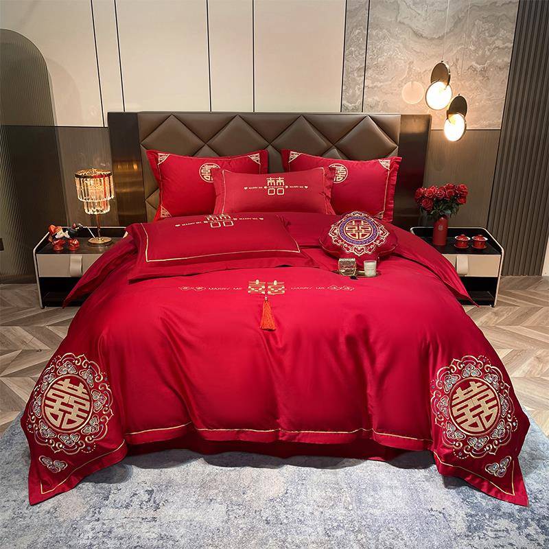 正品婚庆四件大红套色全棉龙凤绣被套中式结婚刺纯棉陪嫁喜上庆床