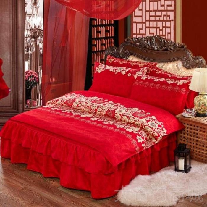 正品红结婚件套大床婚庆红四色床上用品色女方裙床罩婚嫁婚床床单